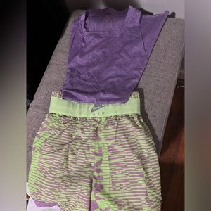 Set of Nike shorts Dri fit neon retro purple green sz L w/ matching purple top
